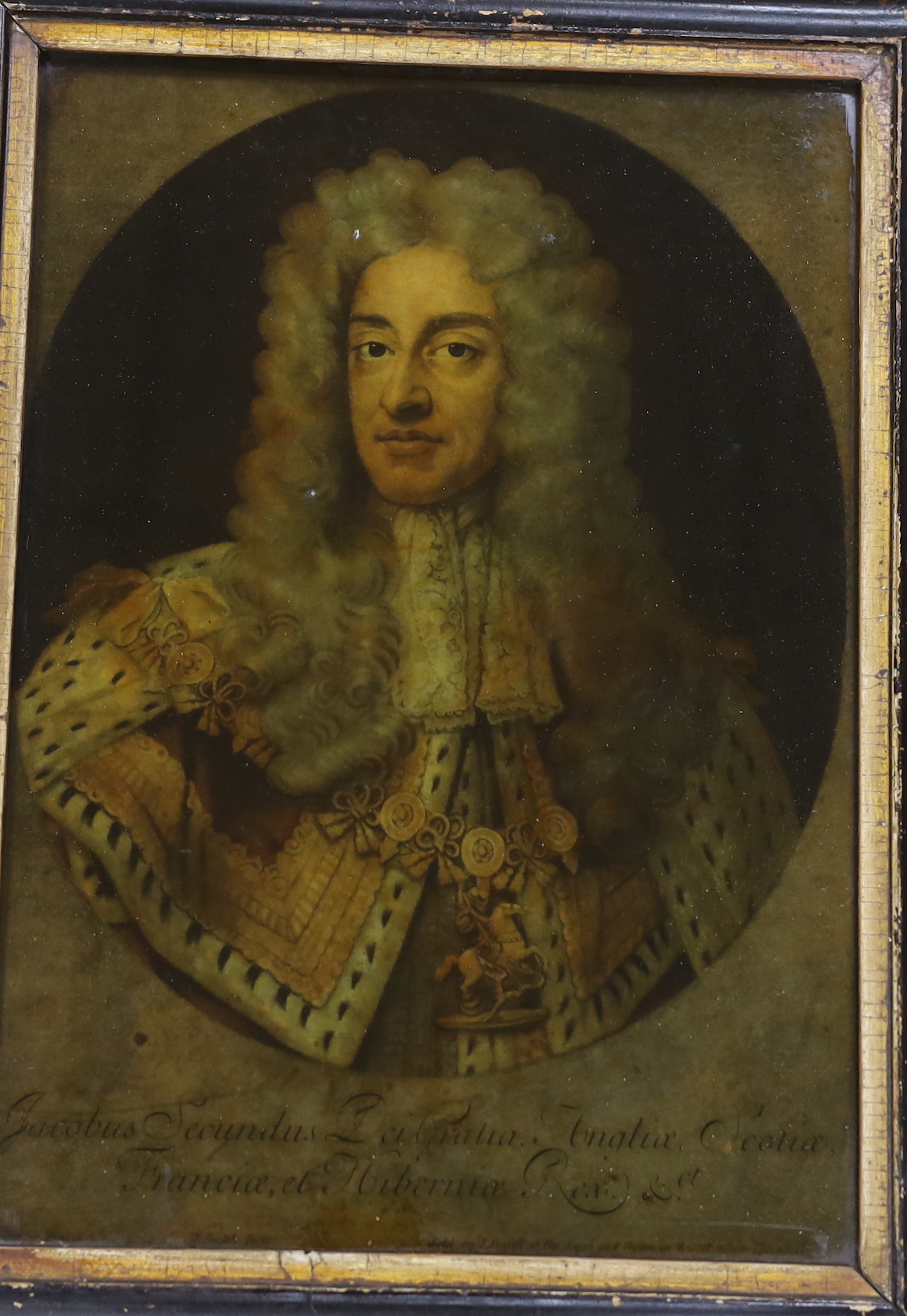 After Godfrey Kneller (1646-1723), pair of 18th century reverse glass painted prints, Charles II and James II, each sold by J. Smith, Covent Garden, 33 x 25cm, housed in original frames